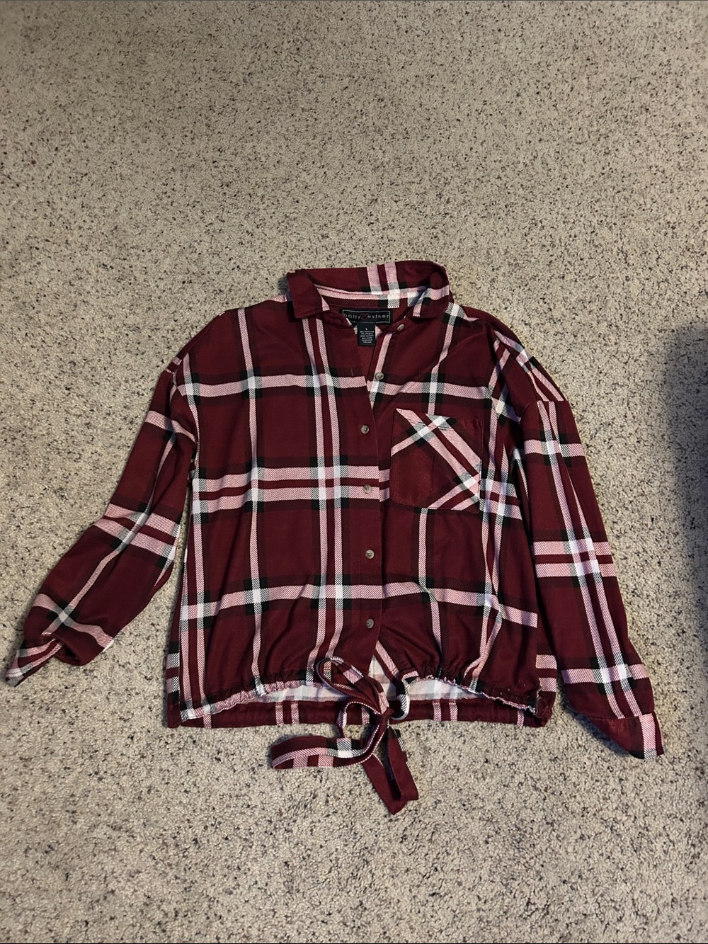 Polly & Esther Burgundy Plaid Button-Front Tie-Hem Shirt